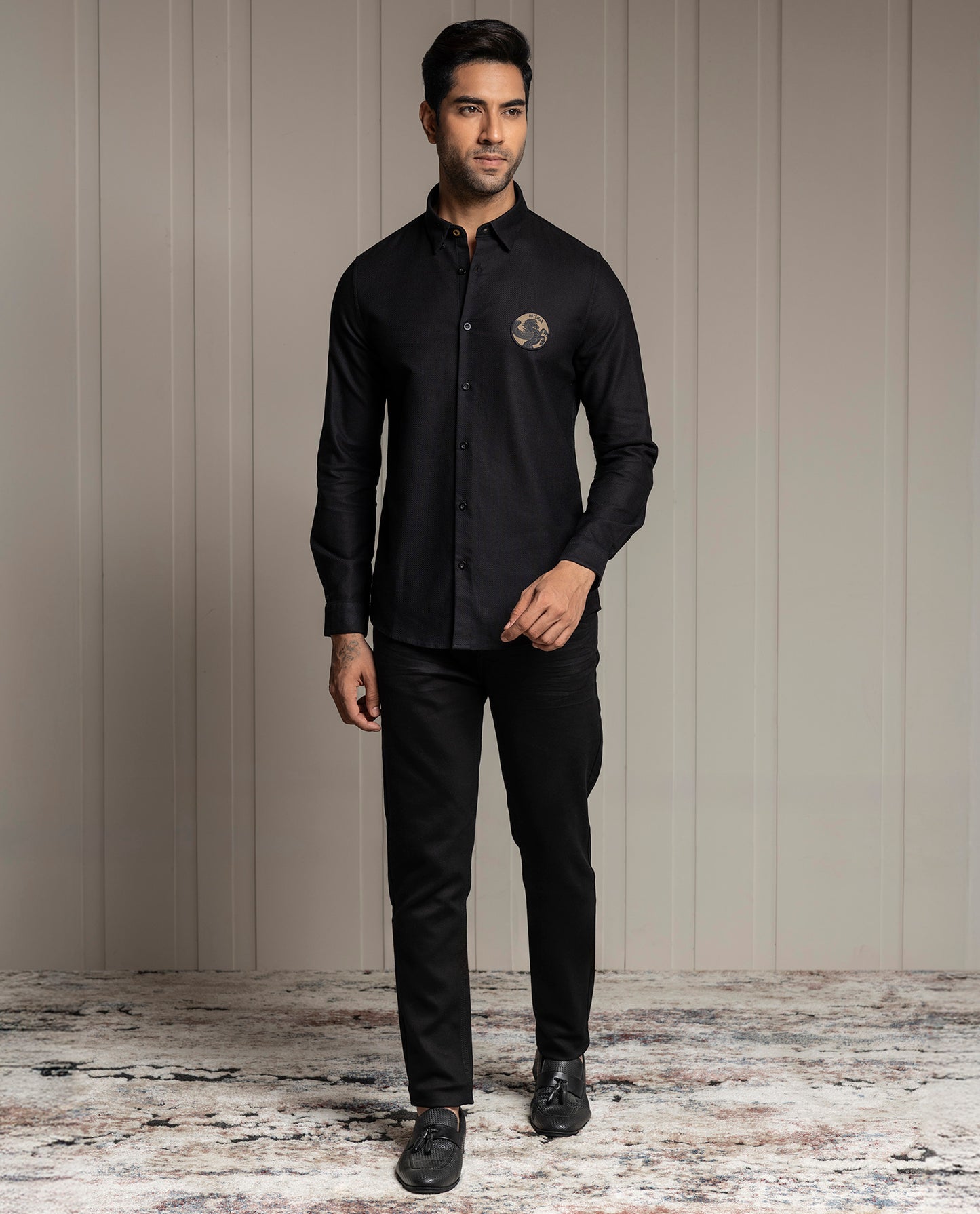 LENO - BLACK - LUXURY WOVEN BADGE SHIRT