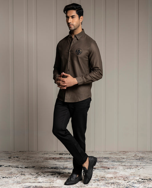 LENO - BROWN - LUXURY WOVEN BADGE SHIRT