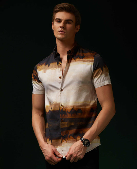 MIRAGE - BROWN - DIGITAL PRINT PARTYWEAR SHIRT