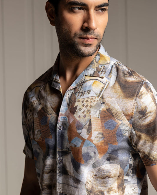 MODERN - GRAY - RESORT COLLAR - DIGITAL PRINT PARTY WEAR SHIRT