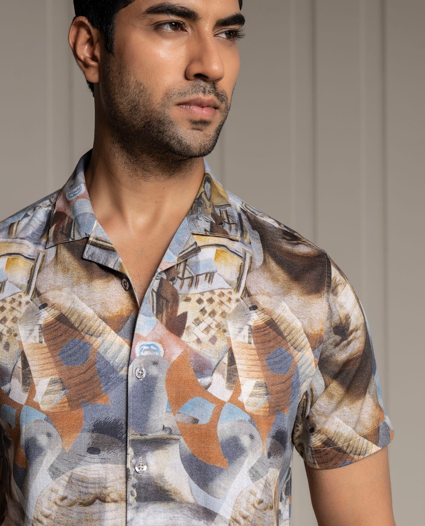 MODERN - GRAY - RESORT COLLAR - DIGITAL PRINT PARTY WEAR SHIRT