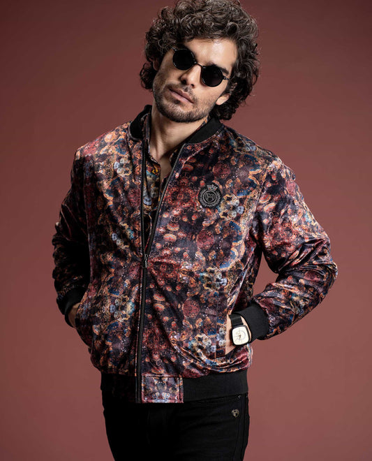 PRIZERO - RED - PRINTED VELOUR BOMBER JACKET