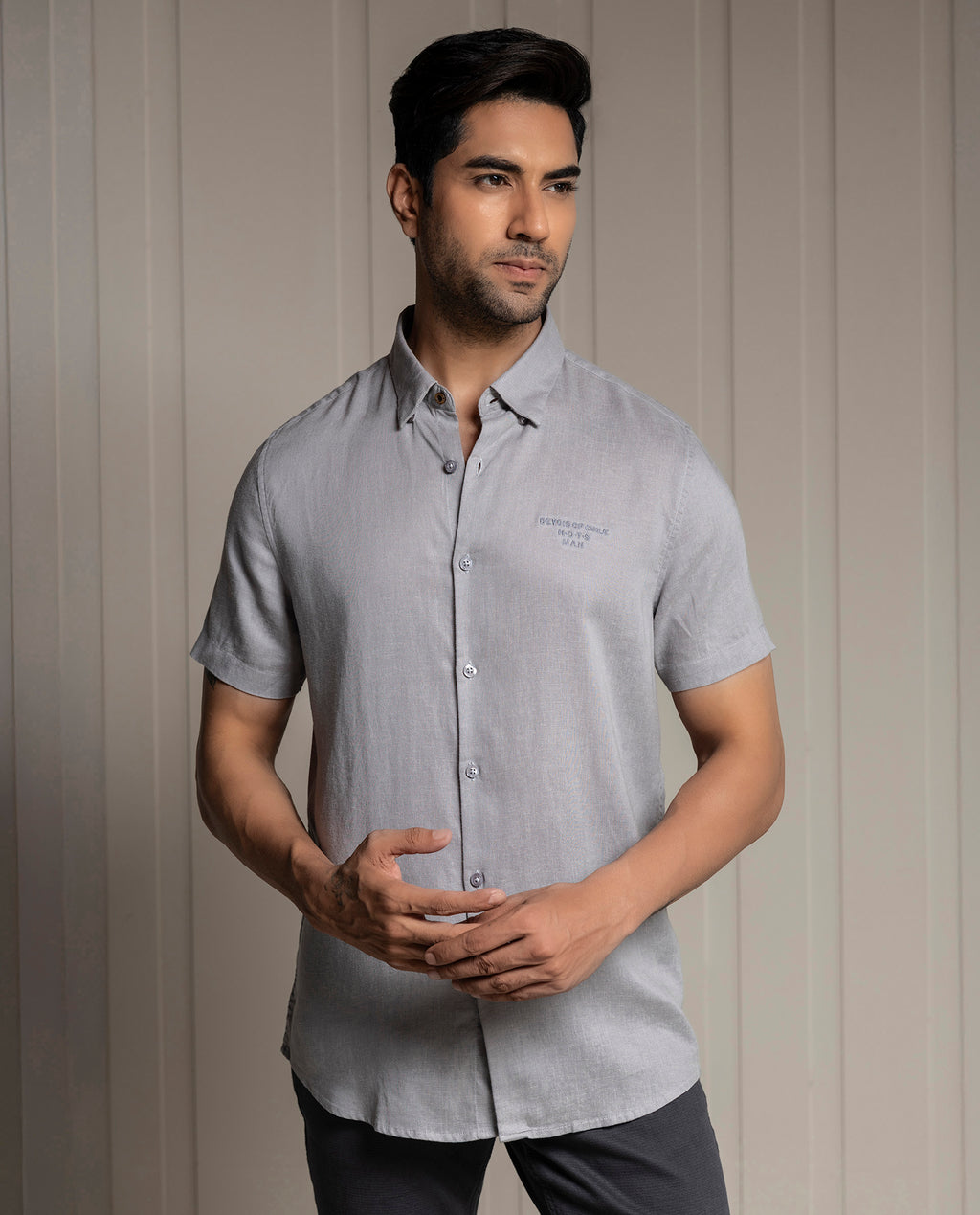 FEEL - GRAY - LUXURY LINEN - EMBROIDERED SHIRT