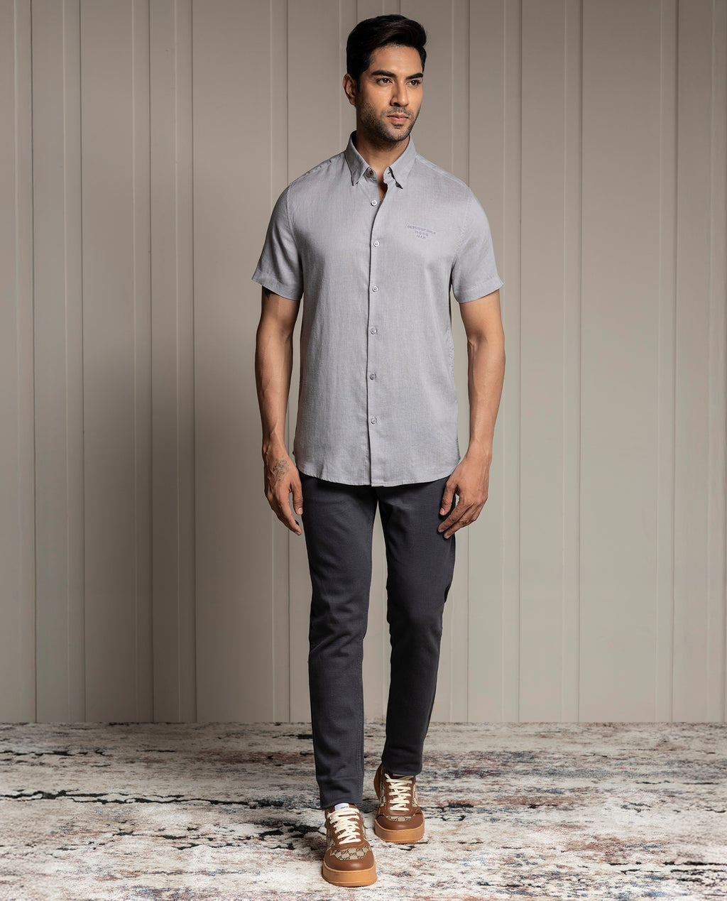 FEEL - GRAY - LUXURY LINEN - EMBROIDERED SHIRT