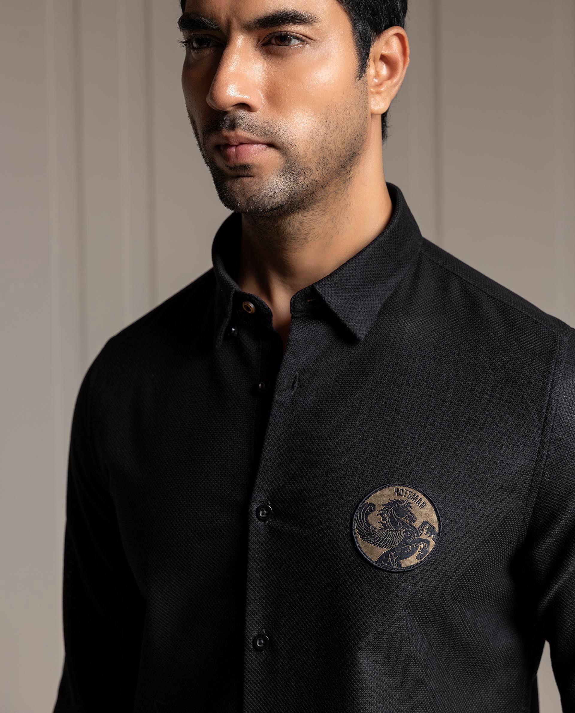 LENO - BLACK - LUXURY WOVEN BADGE SHIRT