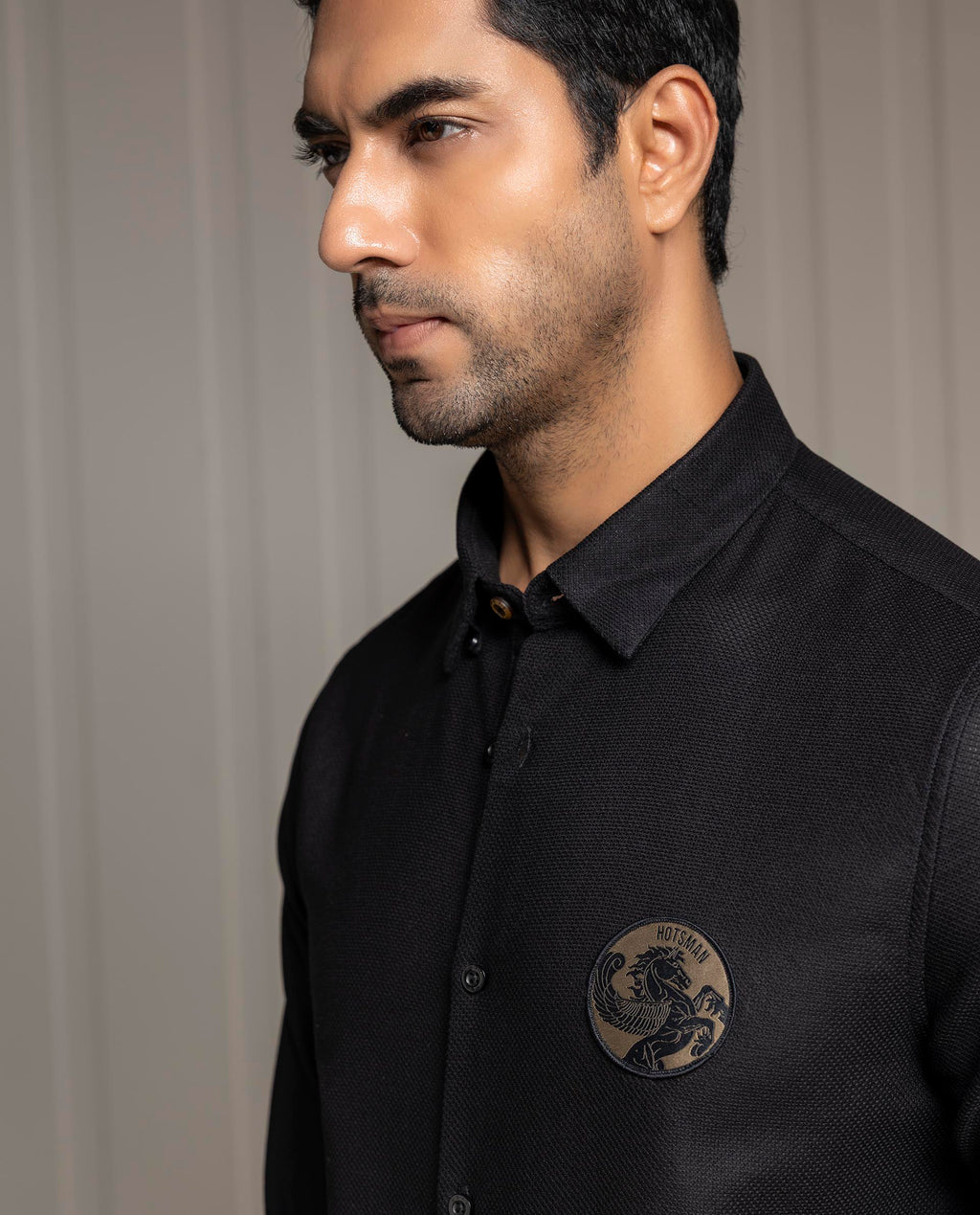 LENO - BLACK - LUXURY WOVEN BADGE SHIRT