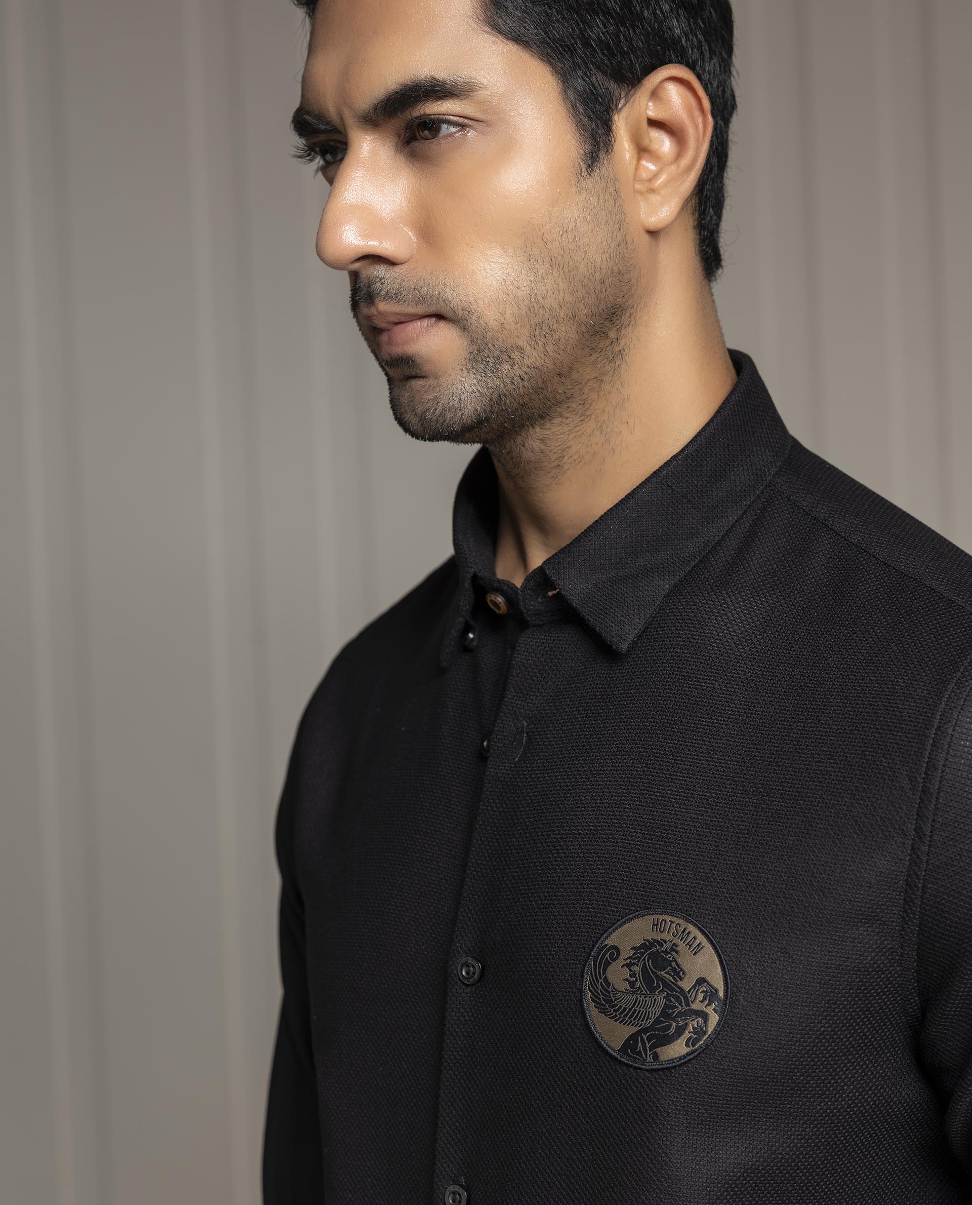 LENO - BLACK - LUXURY WOVEN BADGE SHIRT
