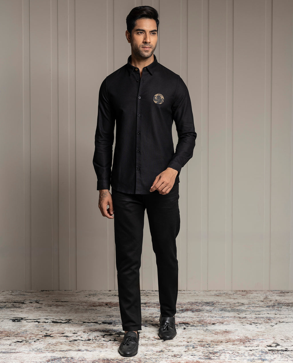 LENO - BLACK - LUXURY WOVEN BADGE SHIRT