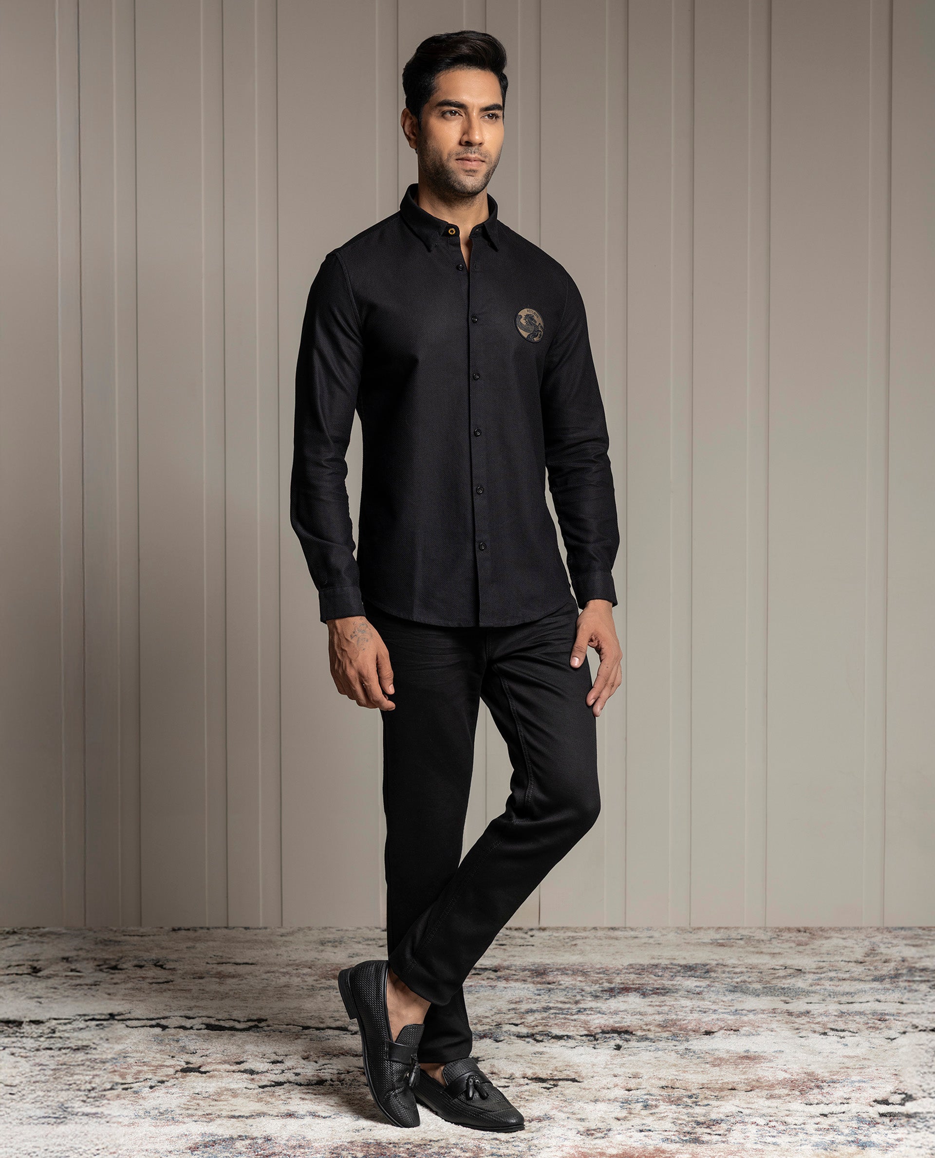 LENO - BLACK - LUXURY WOVEN BADGE SHIRT
