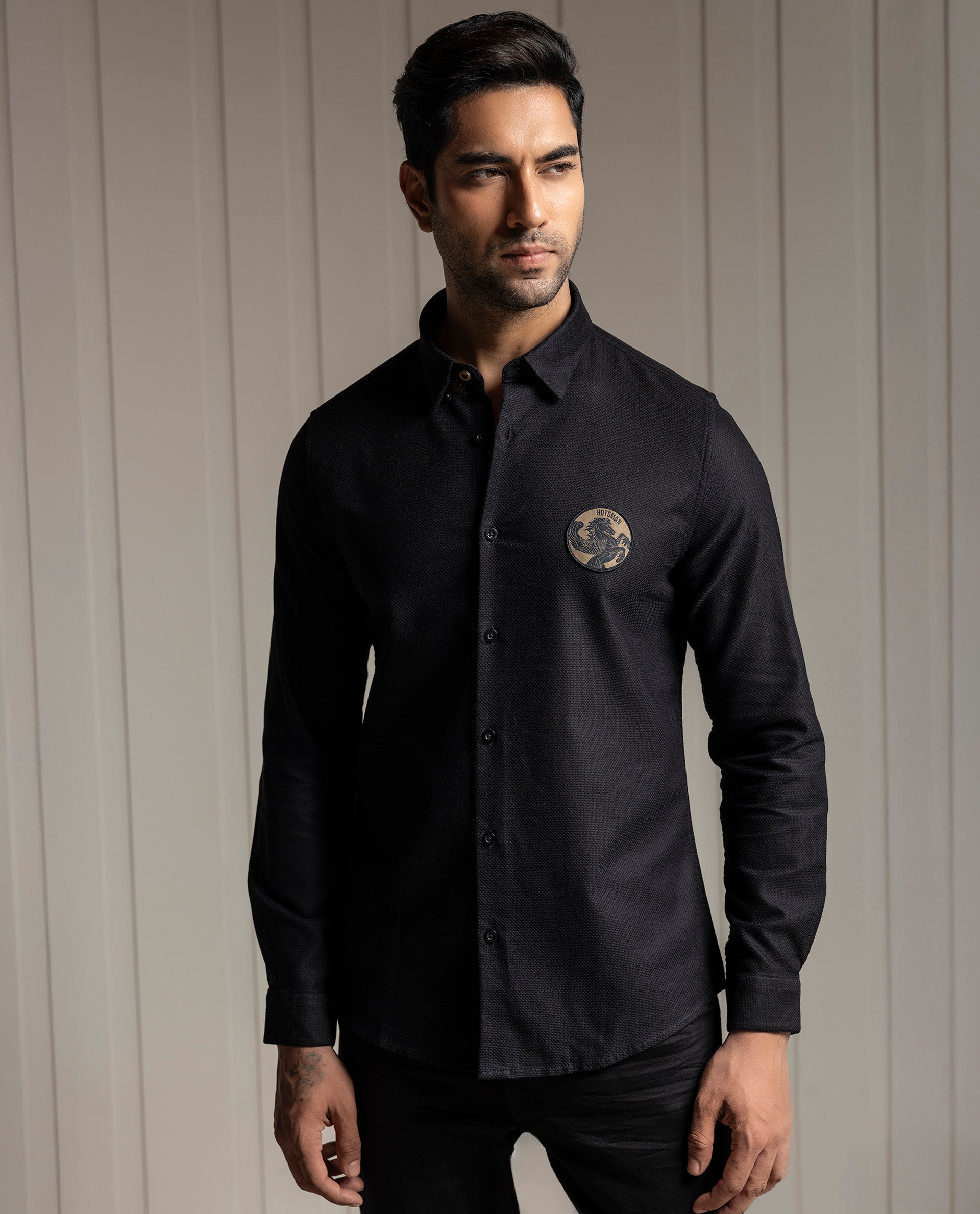 LENO - BLACK - LUXURY WOVEN BADGE SHIRT