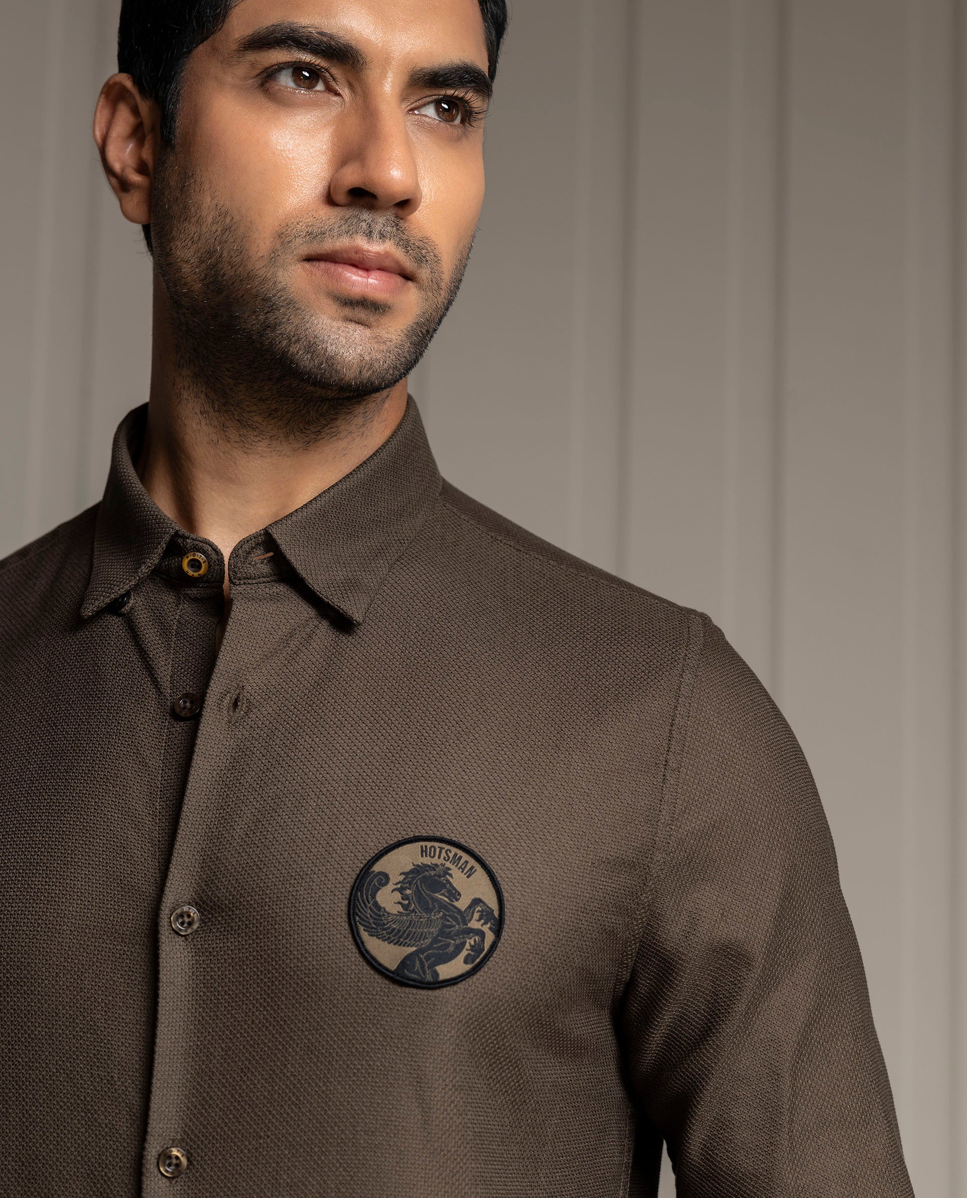 LENO - BROWN - LUXURY WOVEN BADGE SHIRT