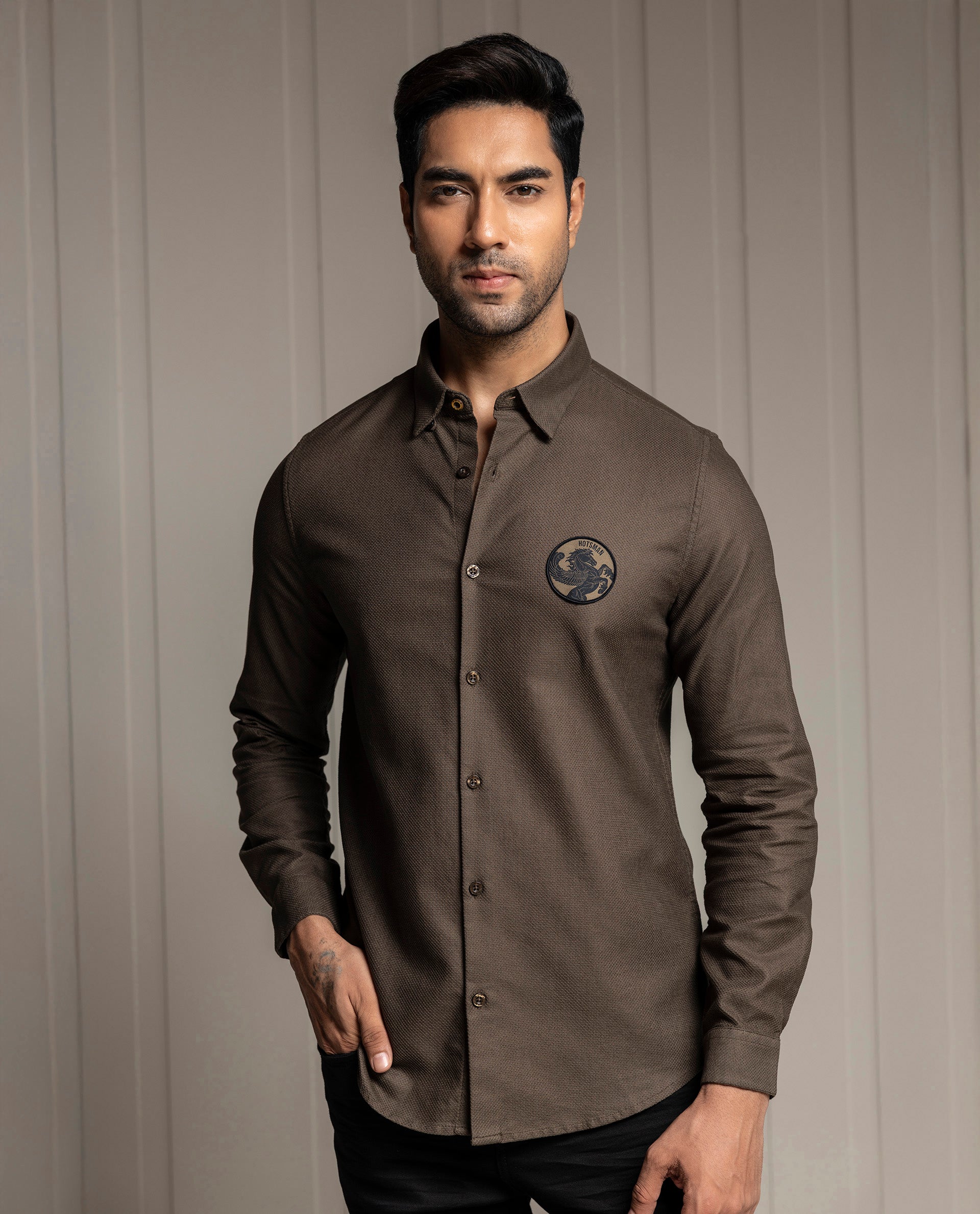 LENO - BROWN - LUXURY WOVEN BADGE SHIRT