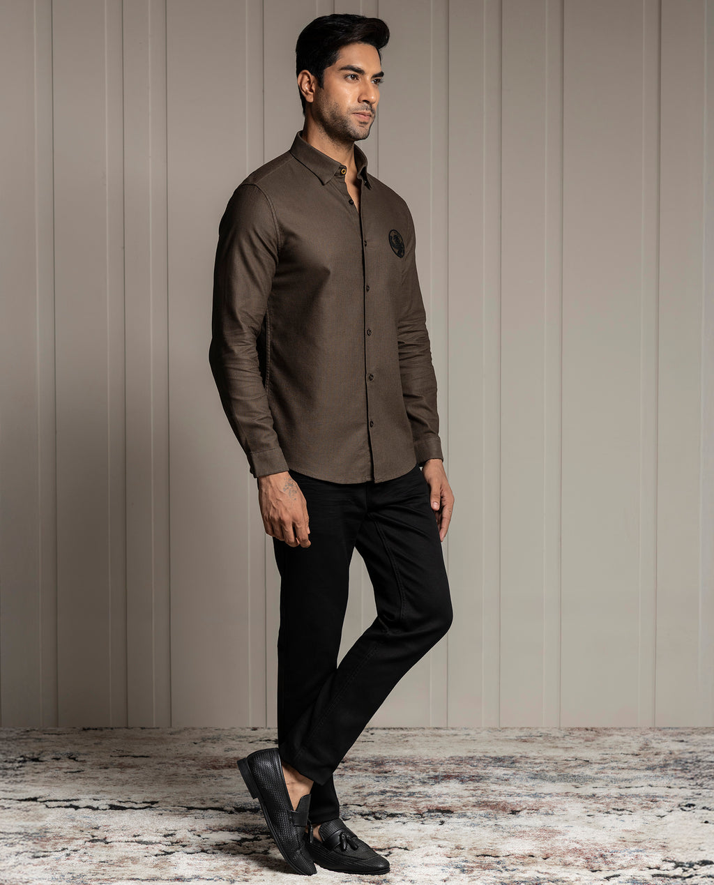 LENO - BROWN - LUXURY WOVEN BADGE SHIRT
