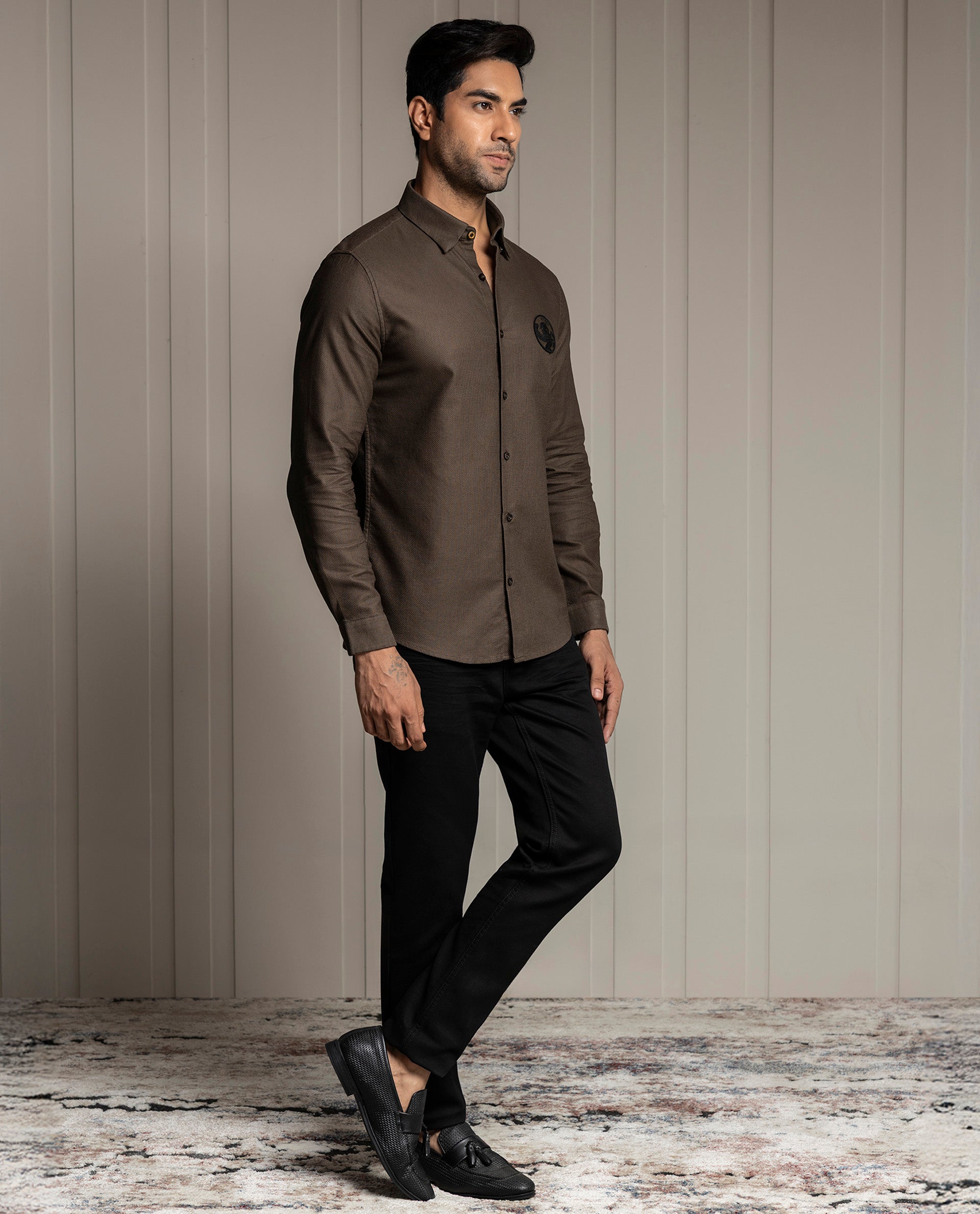 LENO - BROWN - LUXURY WOVEN BADGE SHIRT