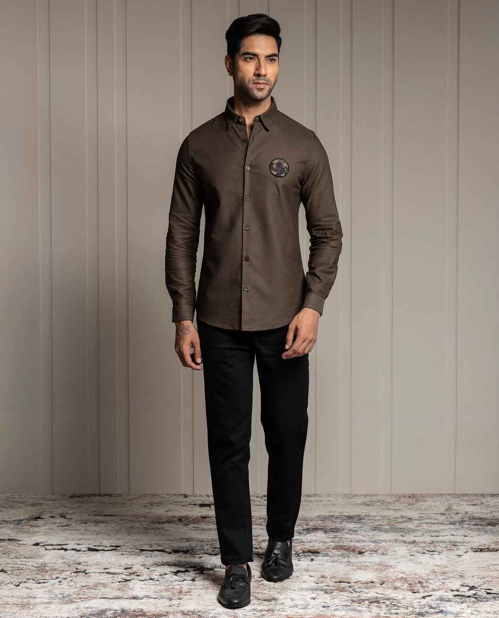 LENO - BROWN - LUXURY WOVEN BADGE SHIRT