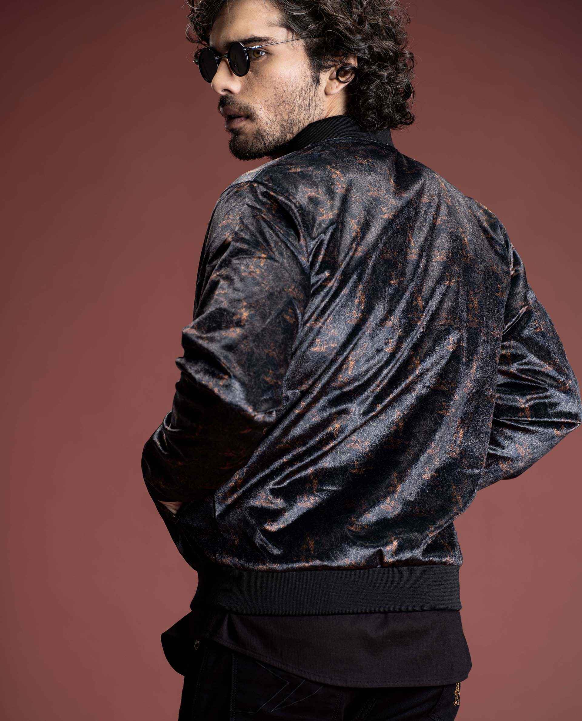 SEQUEN - BLACK - PRINTED VELOUR BOMBER JACKET
