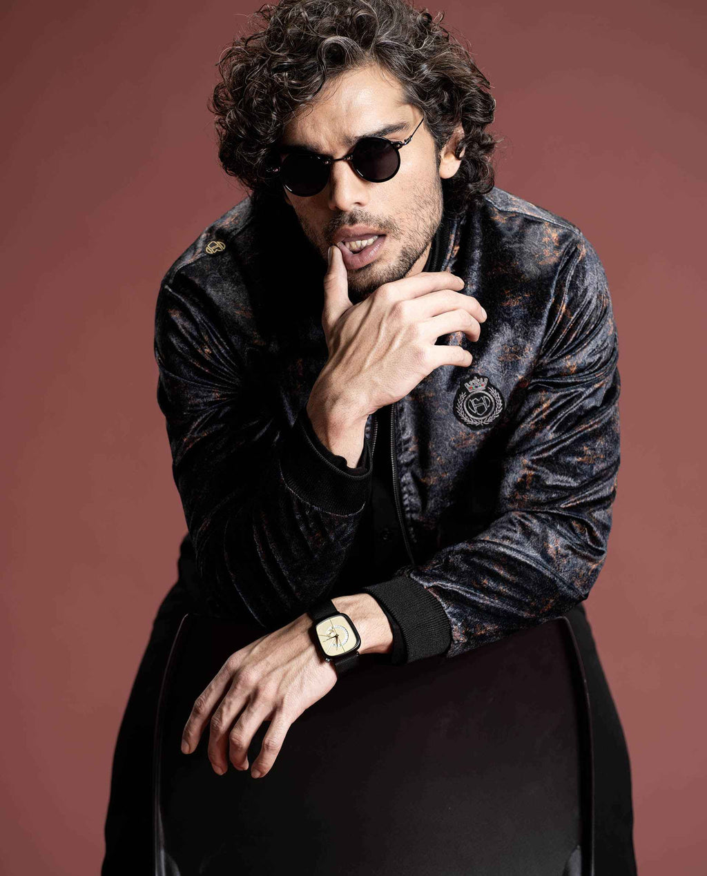 SEQUEN - BLACK - PRINTED VELOUR BOMBER JACKET