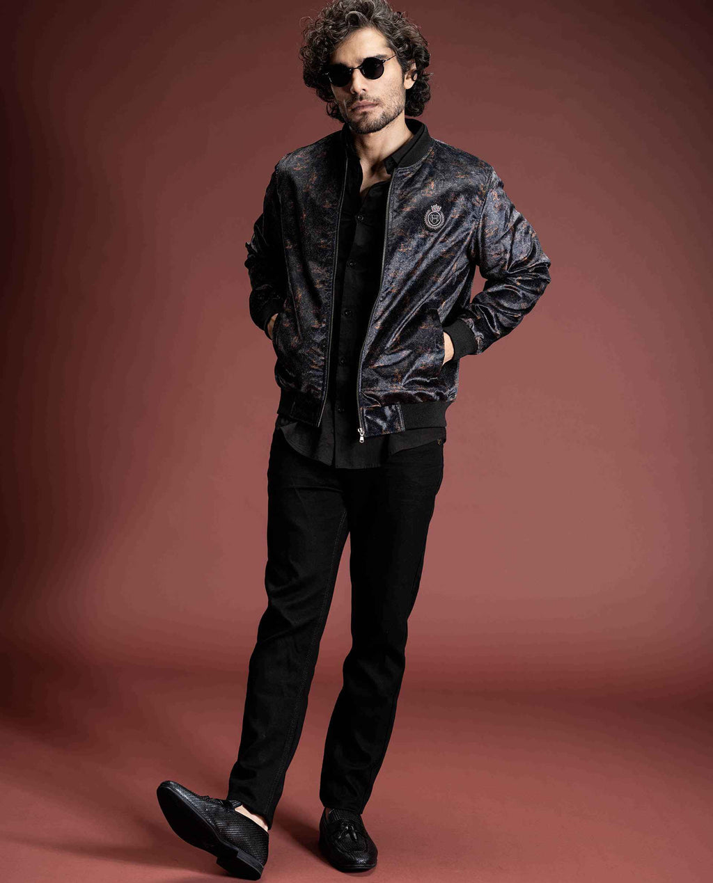 SEQUEN - BLACK - PRINTED VELOUR BOMBER JACKET