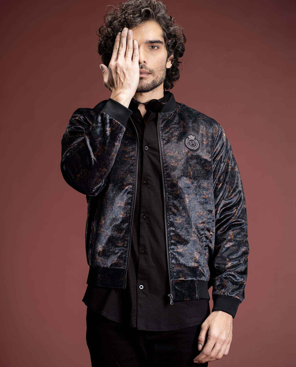 SEQUEN - BLACK - PRINTED VELOUR BOMBER JACKET