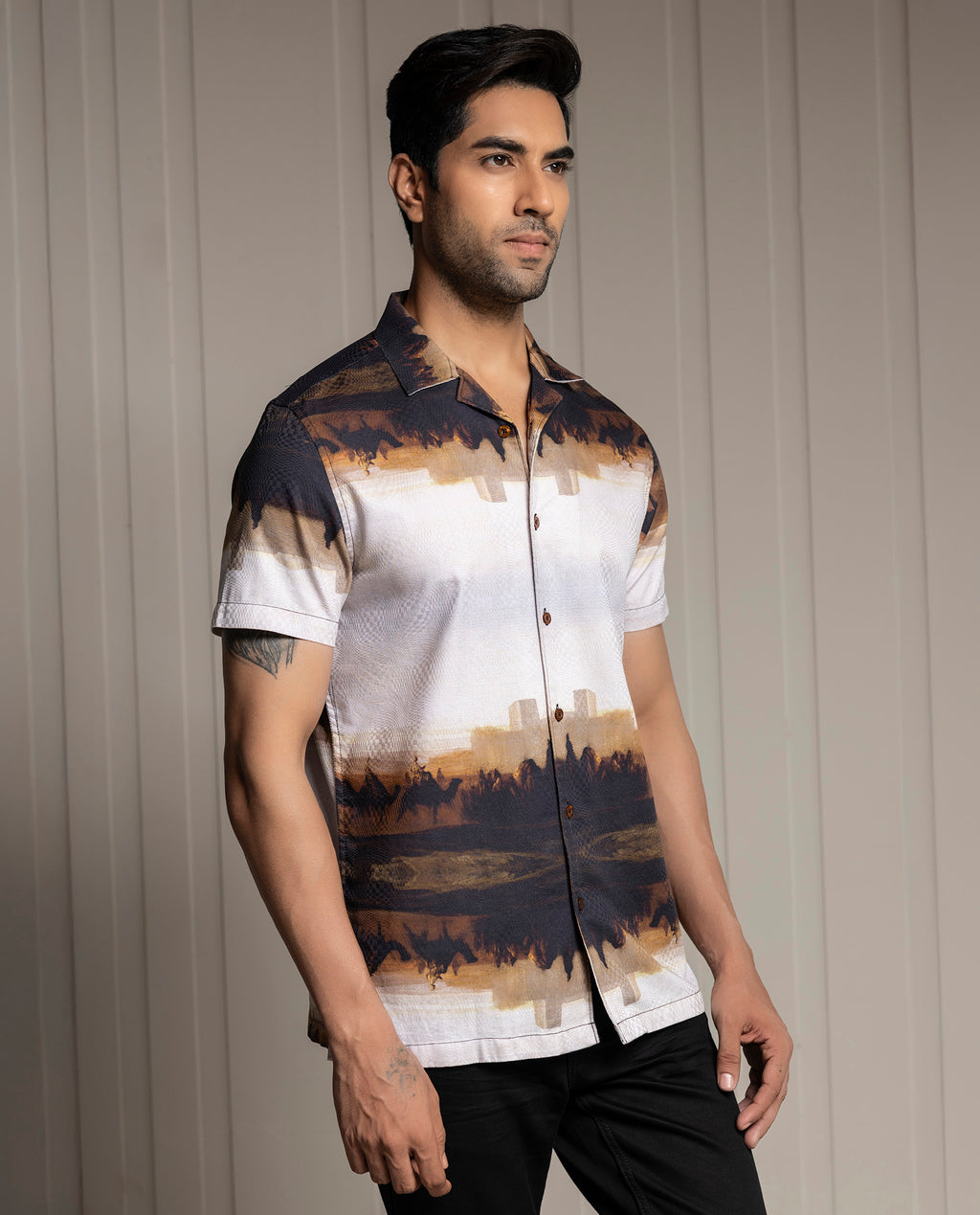 MIRAGE - BROWN - RESORT COLLAR - DIGITAL PRINT PARTY WEAR SHIRT