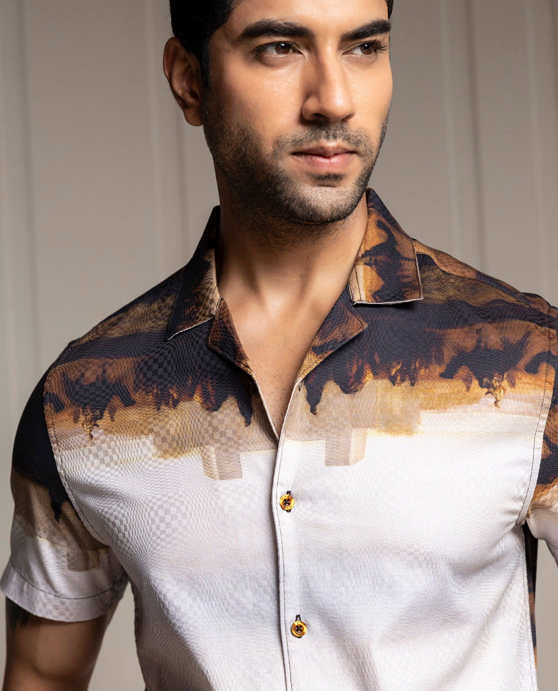 MIRAGE - BROWN - RESORT COLLAR - DIGITAL PRINT PARTY WEAR SHIRT