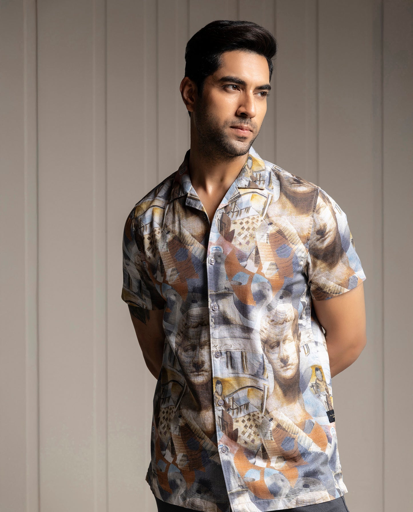 MODERN - GRAY - RESORT COLLAR - DIGITAL PRINT PARTY WEAR SHIRT