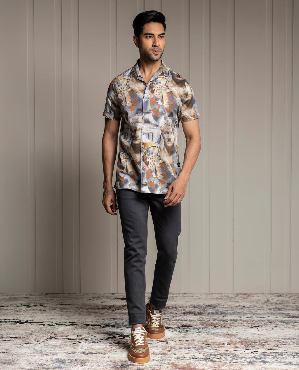 MODERN - GRAY - RESORT COLLAR - DIGITAL PRINT PARTY WEAR SHIRT