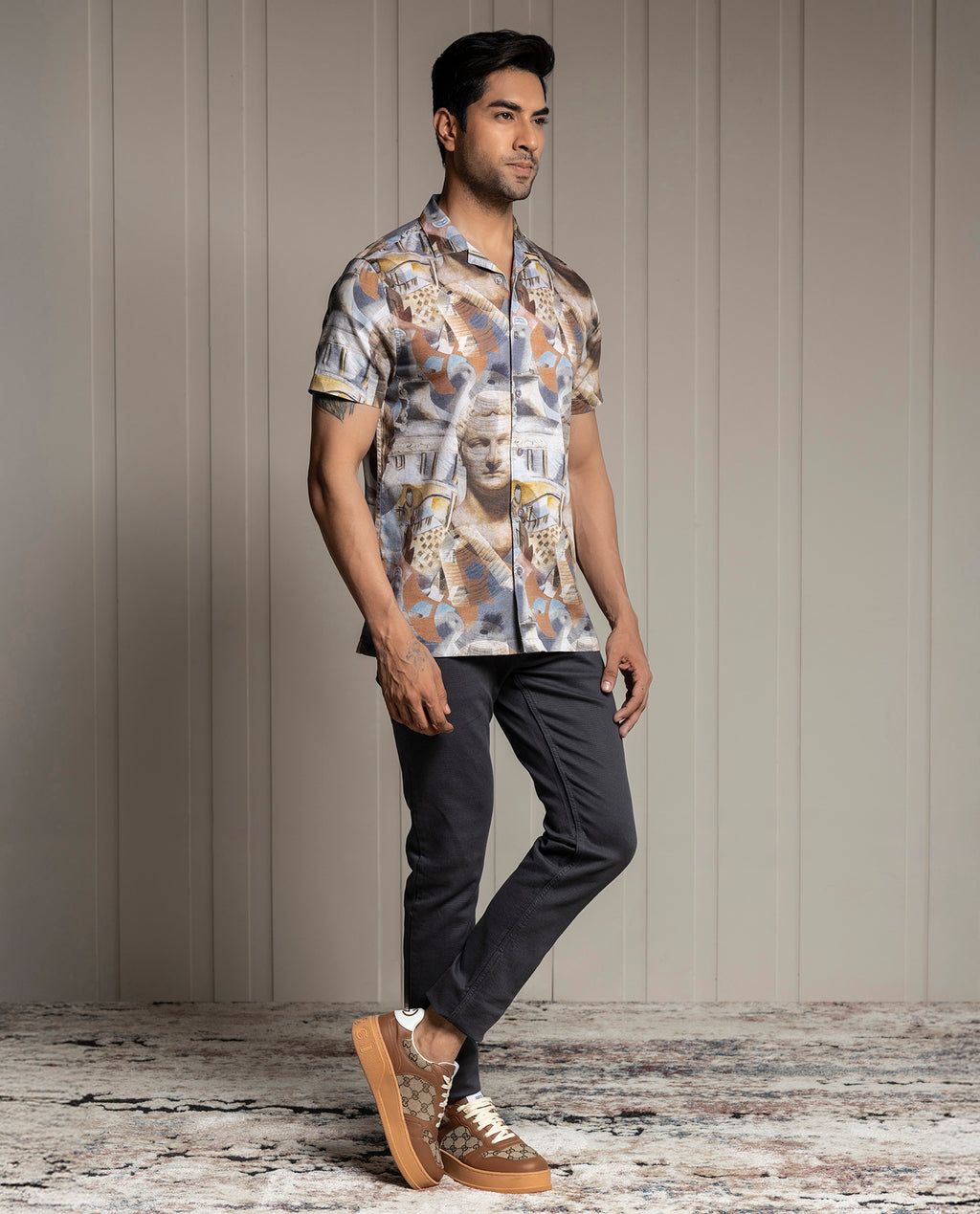 MODERN - GRAY - RESORT COLLAR - DIGITAL PRINT PARTY WEAR SHIRT
