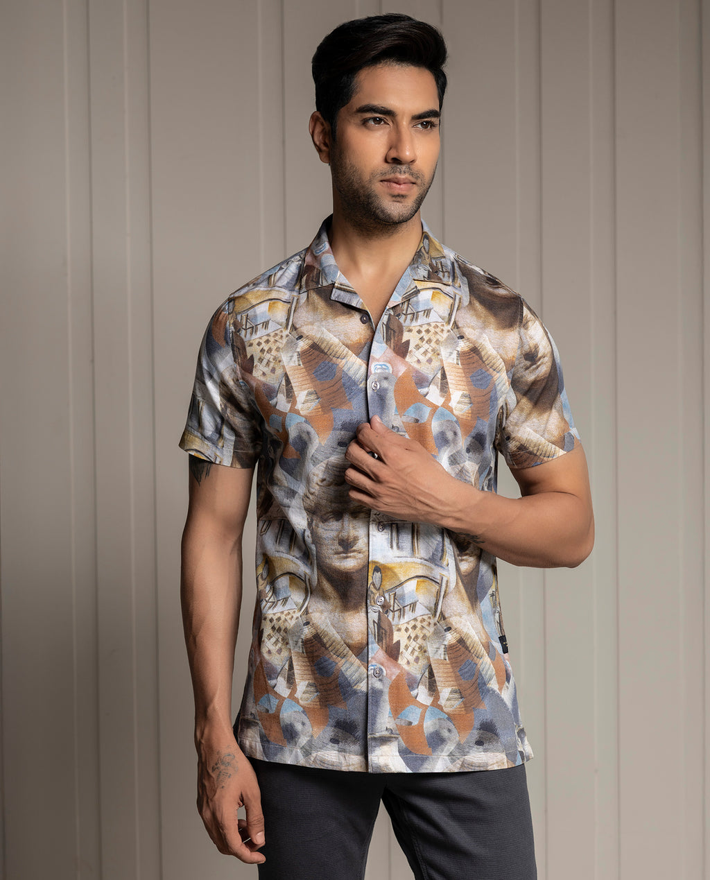 MODERN - GRAY - RESORT COLLAR - DIGITAL PRINT PARTY WEAR SHIRT