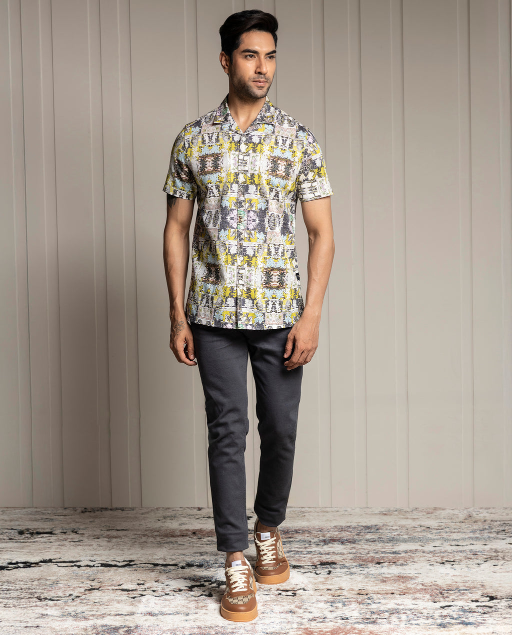 TIMELESS - BEIGE - RESORT COLLAR - DIGITAL PRINT PARTY WEAR SHIRT