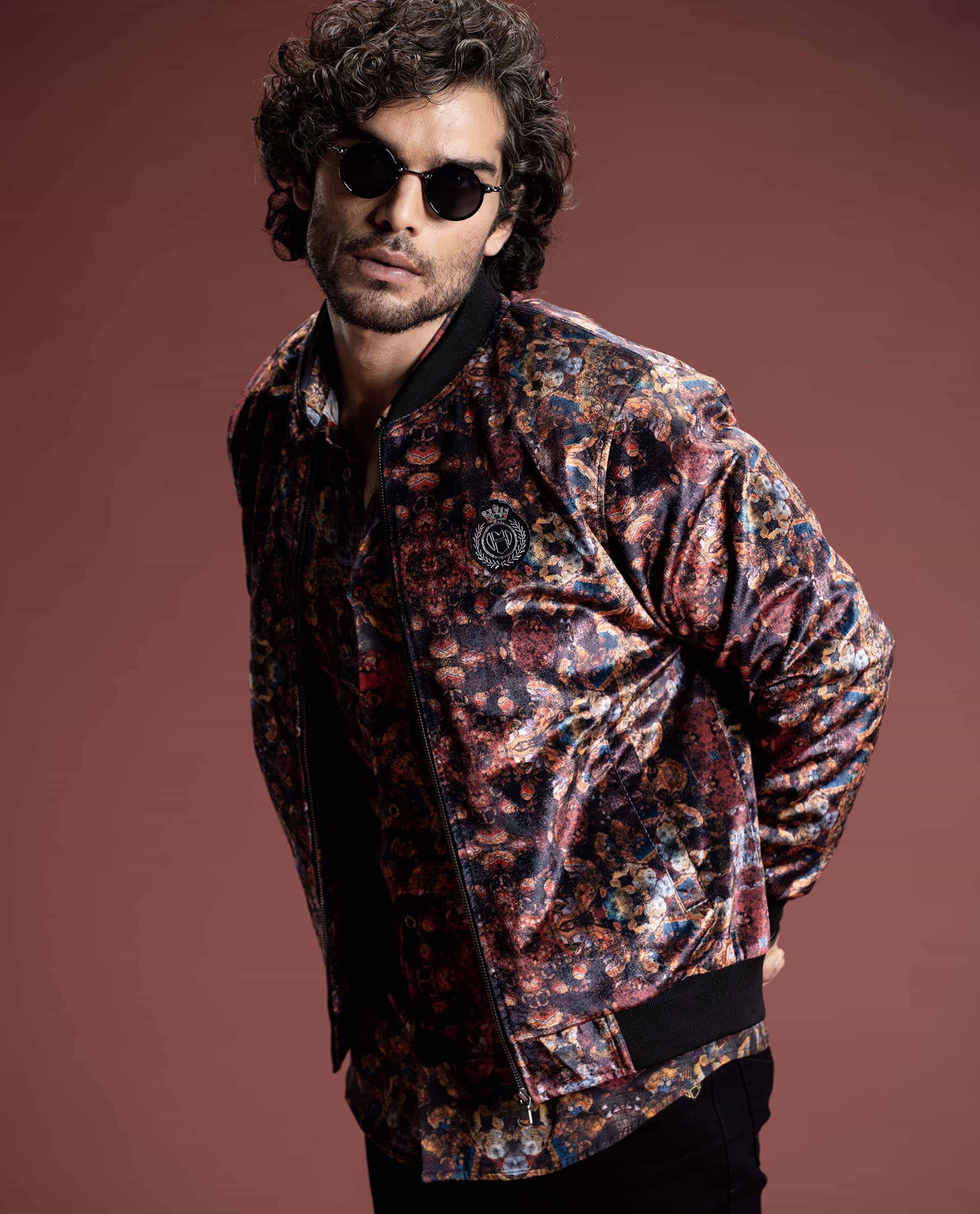 PRIZERO - RED - PRINTED VELOUR BOMBER JACKET