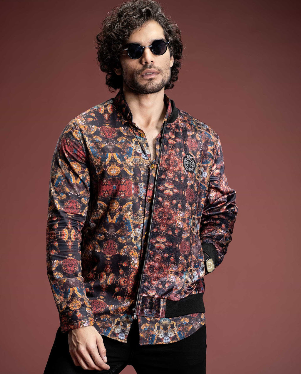 PRIZERO - RED - PRINTED VELOUR BOMBER JACKET