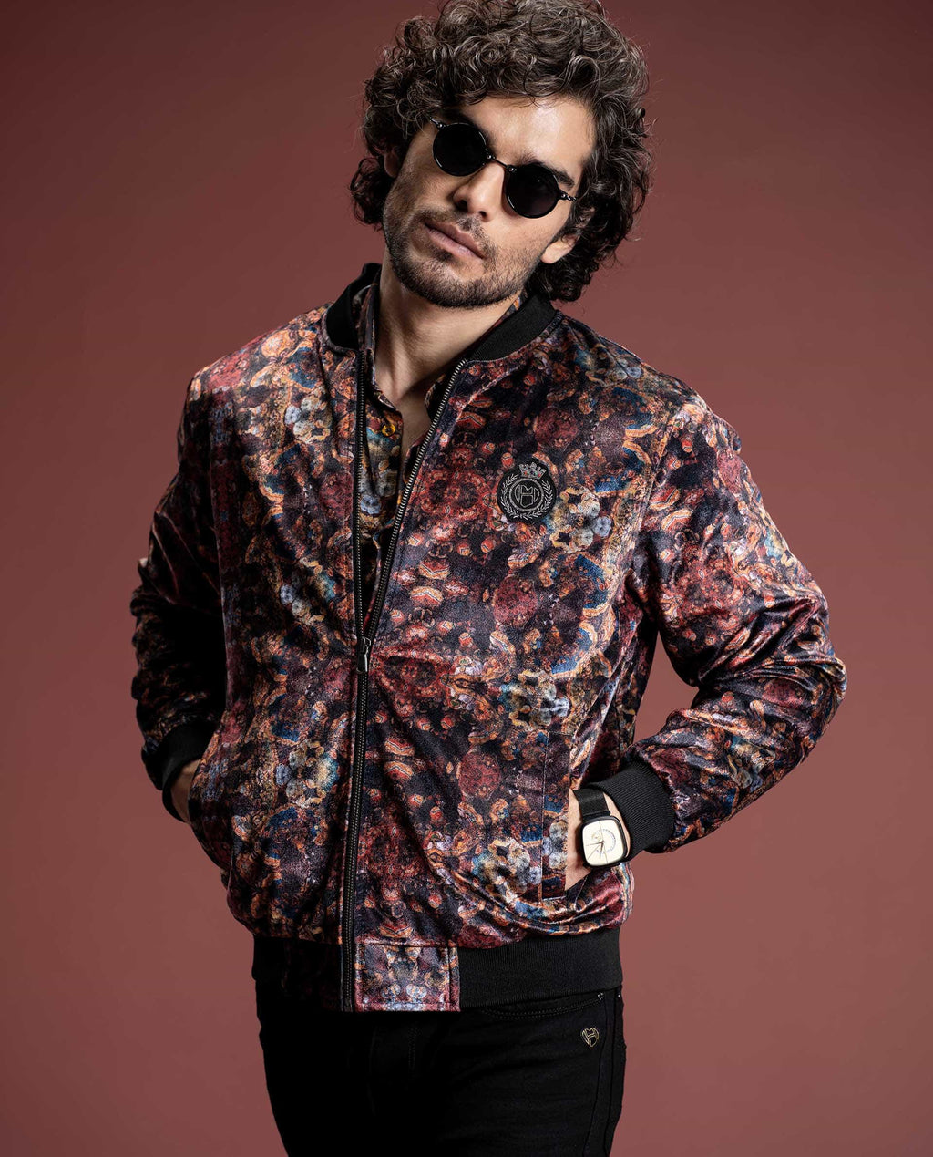 PRIZERO - RED - PRINTED VELOUR BOMBER JACKET