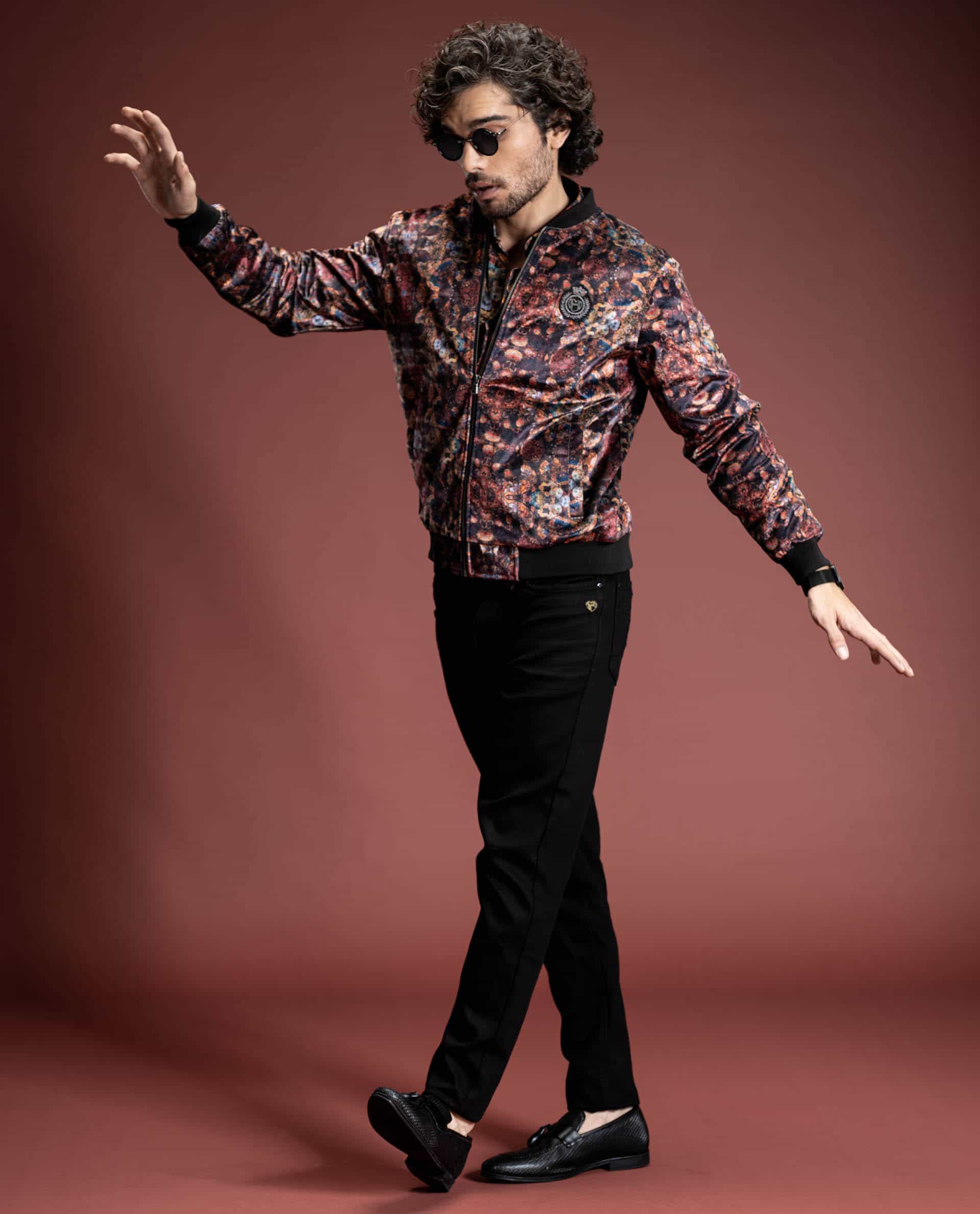 PRIZERO - RED - PRINTED VELOUR BOMBER JACKET