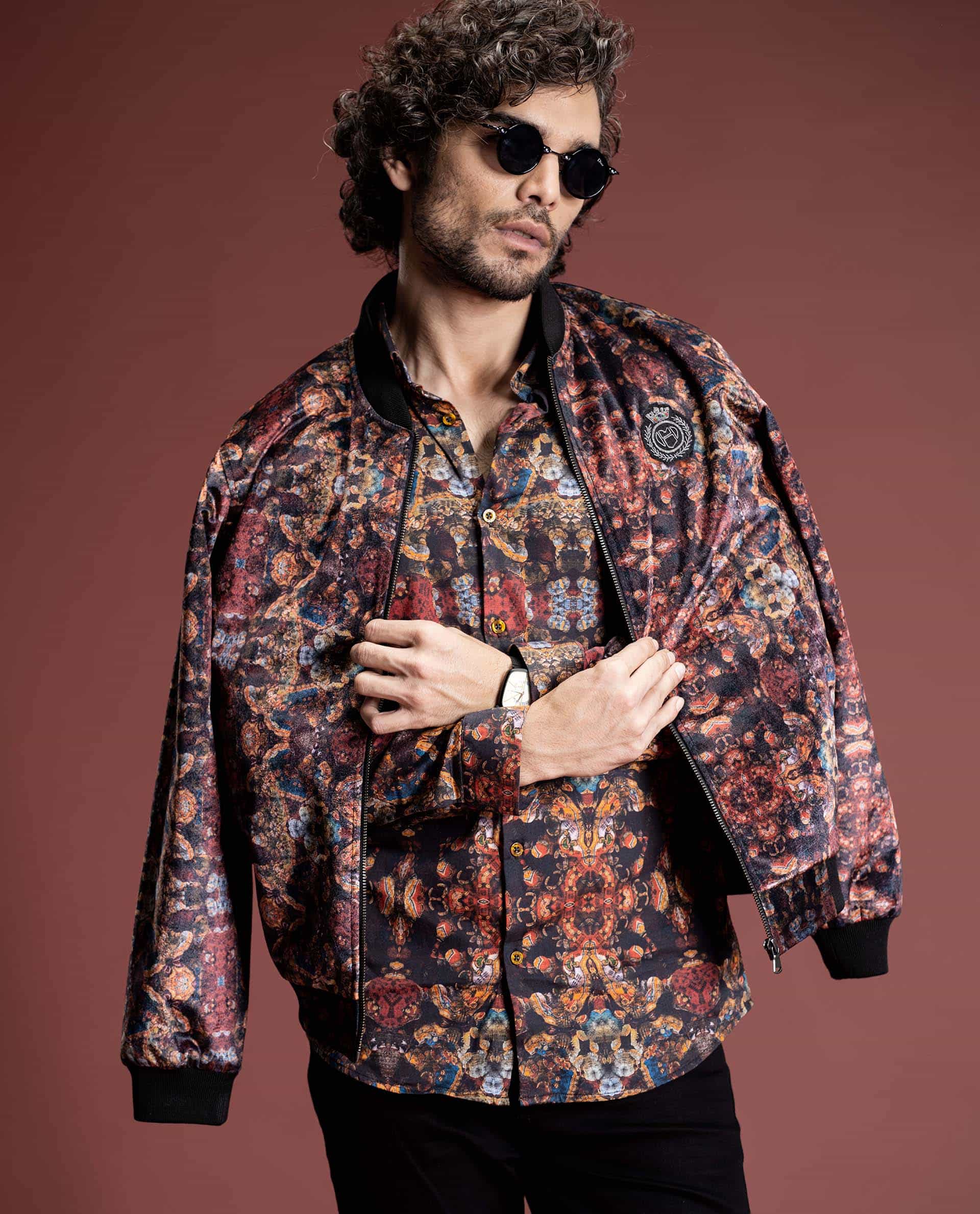 PRIZERO - RED - PRINTED VELOUR BOMBER JACKET