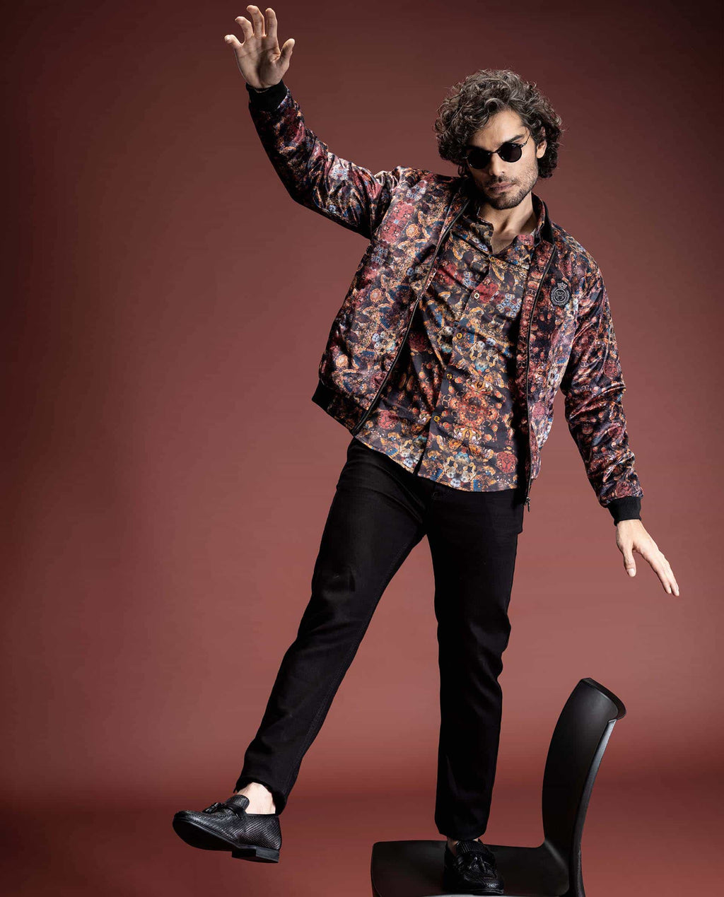 PRIZERO - RED - PRINTED VELOUR BOMBER JACKET